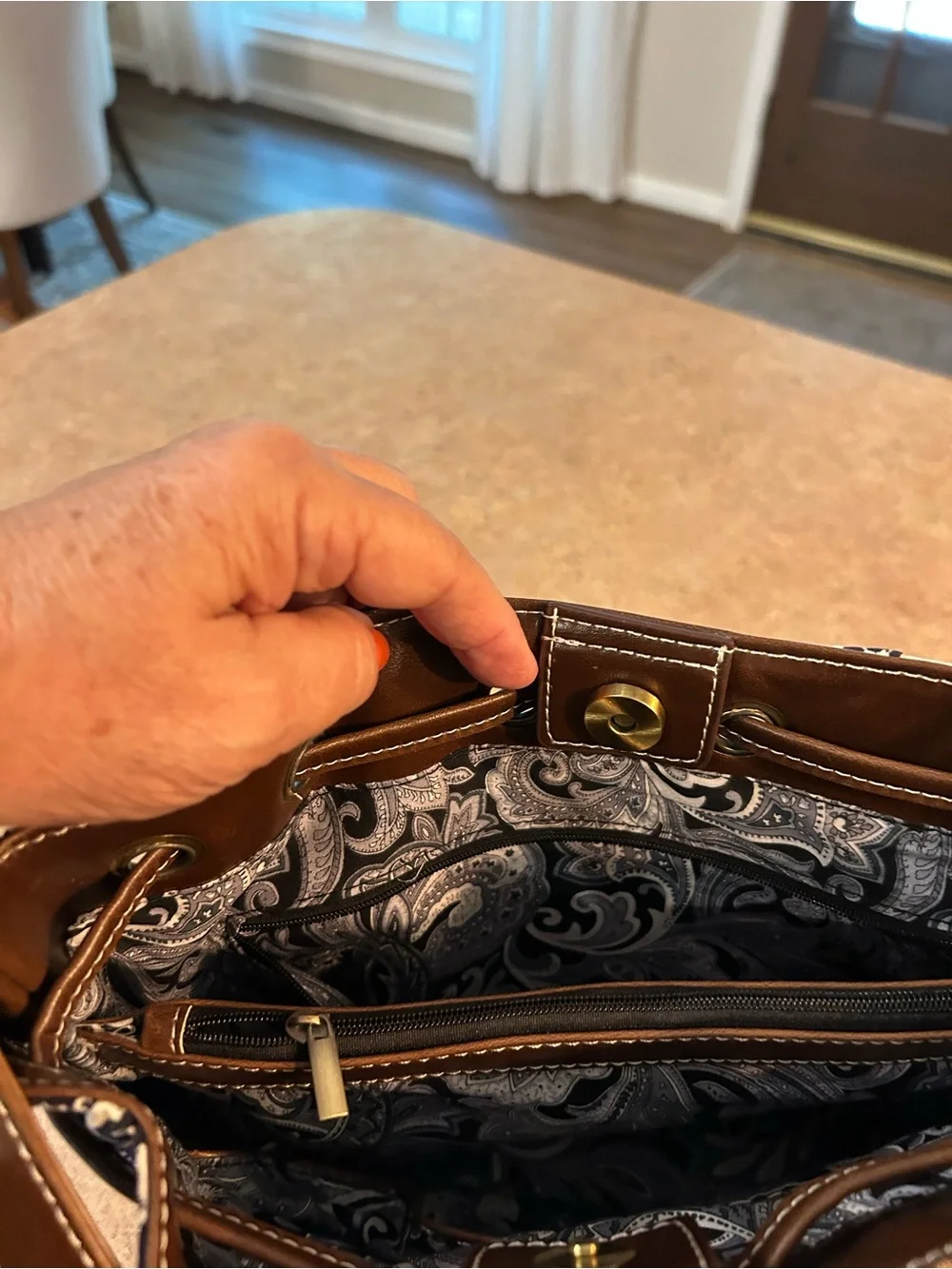 Fossil Navy and Brown Drawstring Tote Bag